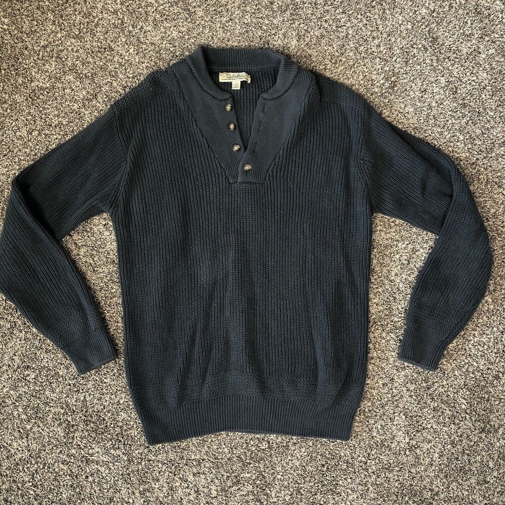 Men's Cabela's Cable Knit Pull On Grey Sweater Collar Button‎ Size Large